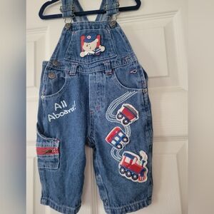 Baby Boys Train Themed Carpenter Style Denim Overalls Train Appliques Size 3/6M